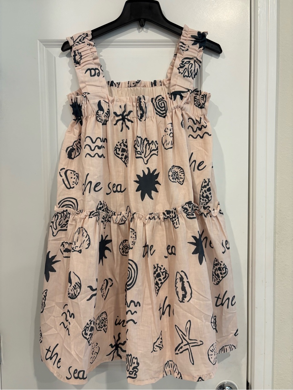 Umgee beige and navy blue Seashell Print Ruffle Strap Midi Dress